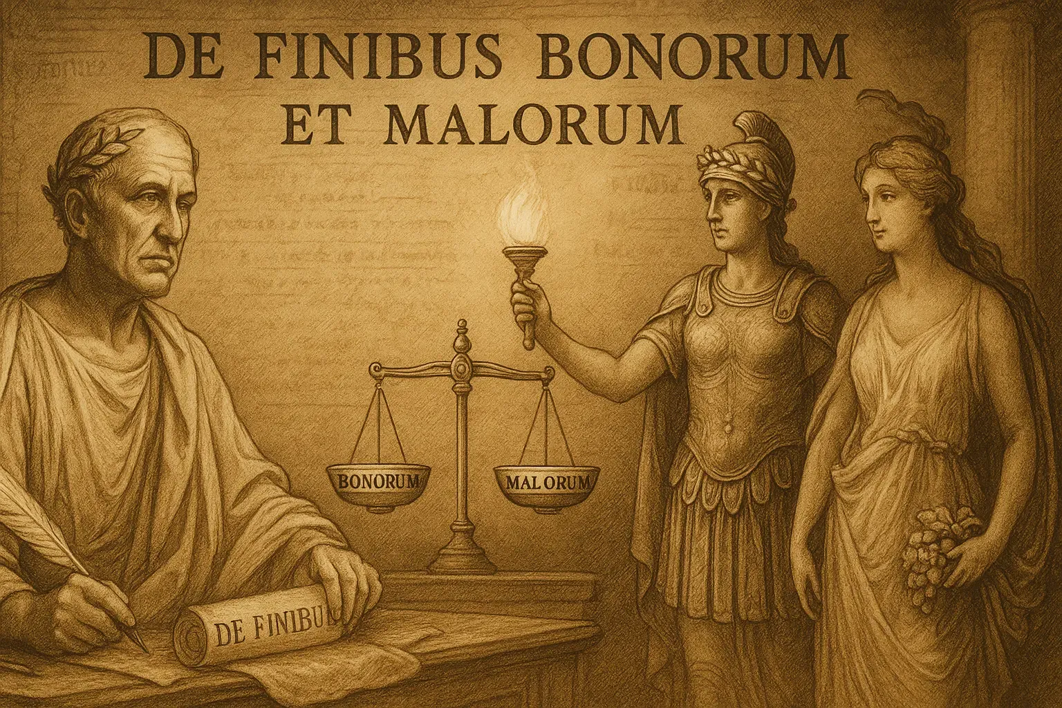 Ilustración neoclásica en sepia: Cicerón con toga y pergamino; al centro, una balanza con "Bonorum" y "Malorum"; dos alegorías (Virtud con antorcha, Placer con cornucopia).